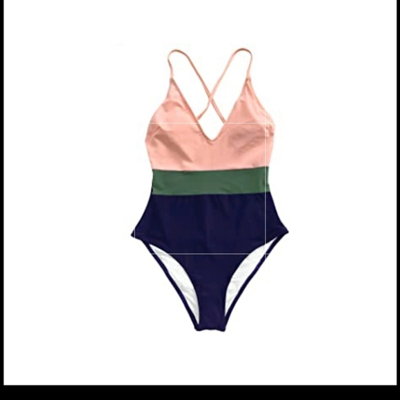 Women's One Piece Swimsuit V Neck Cross Back Color Block Beach Swimwear Bathing - Picture 3 of 6